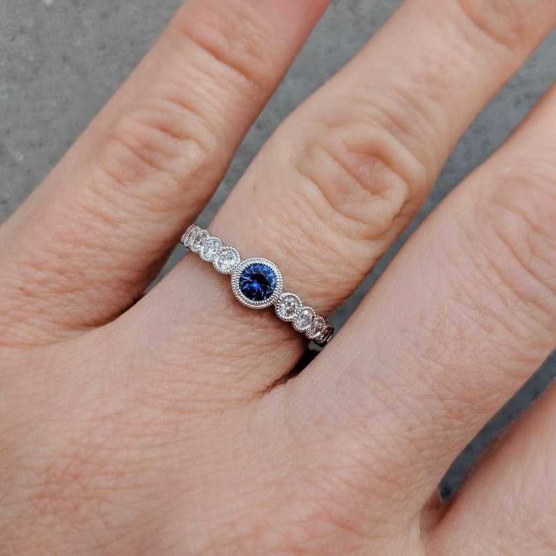 Sapphire Diamond Milgrain Engagement Ring