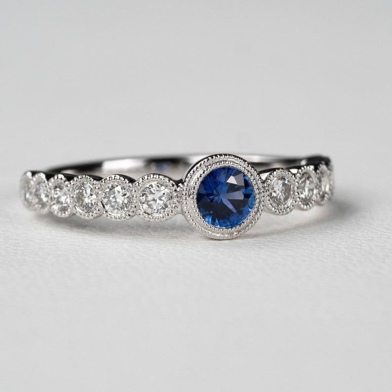 Sapphire Diamond Milgrain Engagement Ring