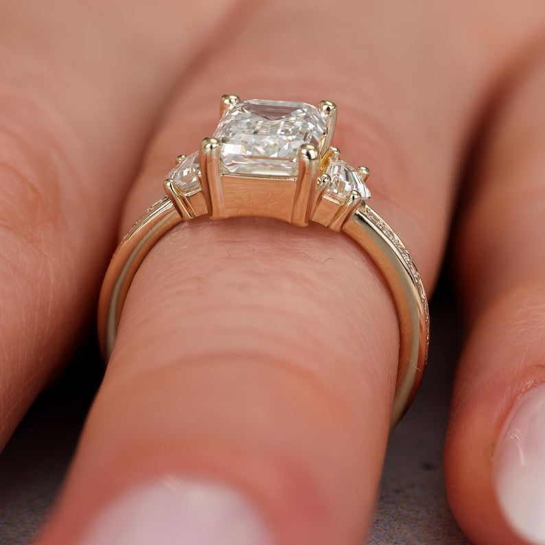 Emerald Cut Three Stone Diamond Engagement Ring -