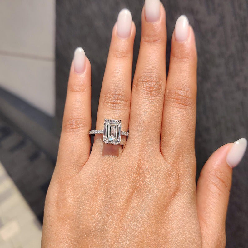 Emerald Cut Lab Grown Diamond Pave Engagement Ring