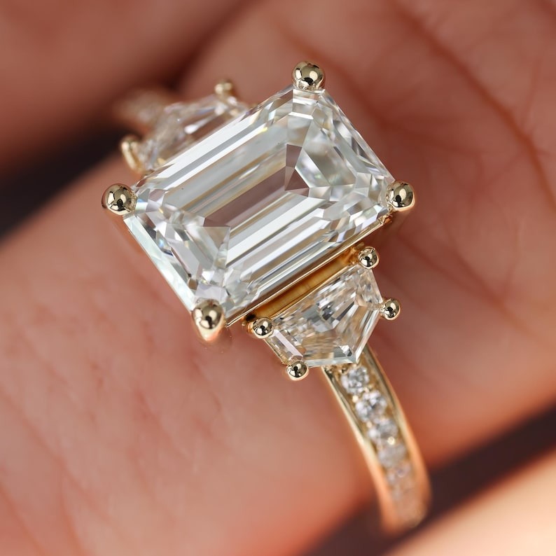 Emerald Cut Three Stone Diamond Engagement Ring -