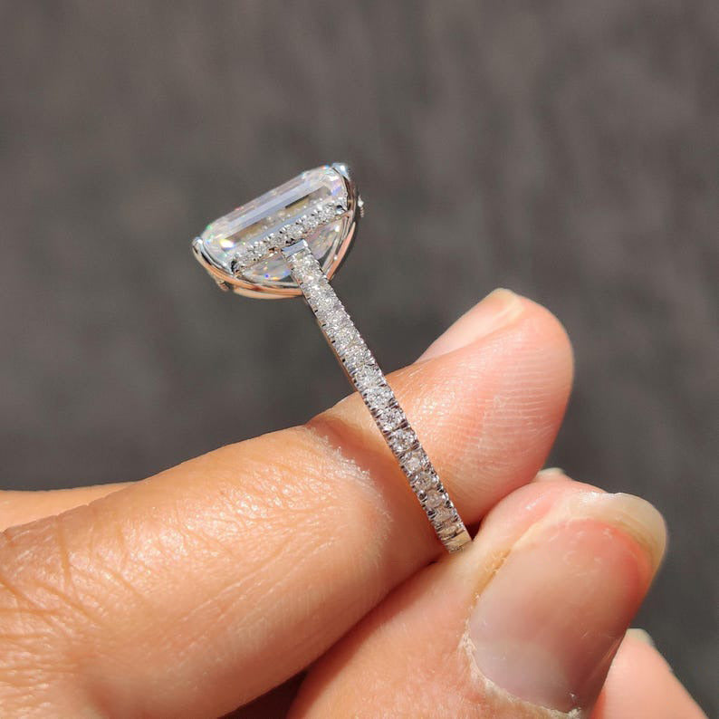 Emerald Cut Lab Grown Diamond Pave Engagement Ring