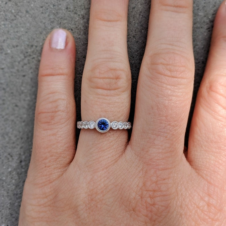 Sapphire Diamond Milgrain Engagement Ring