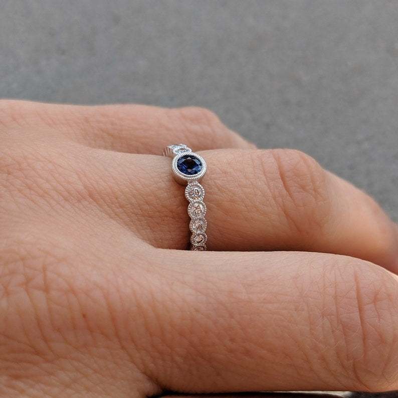 Sapphire Diamond Milgrain Engagement Ring