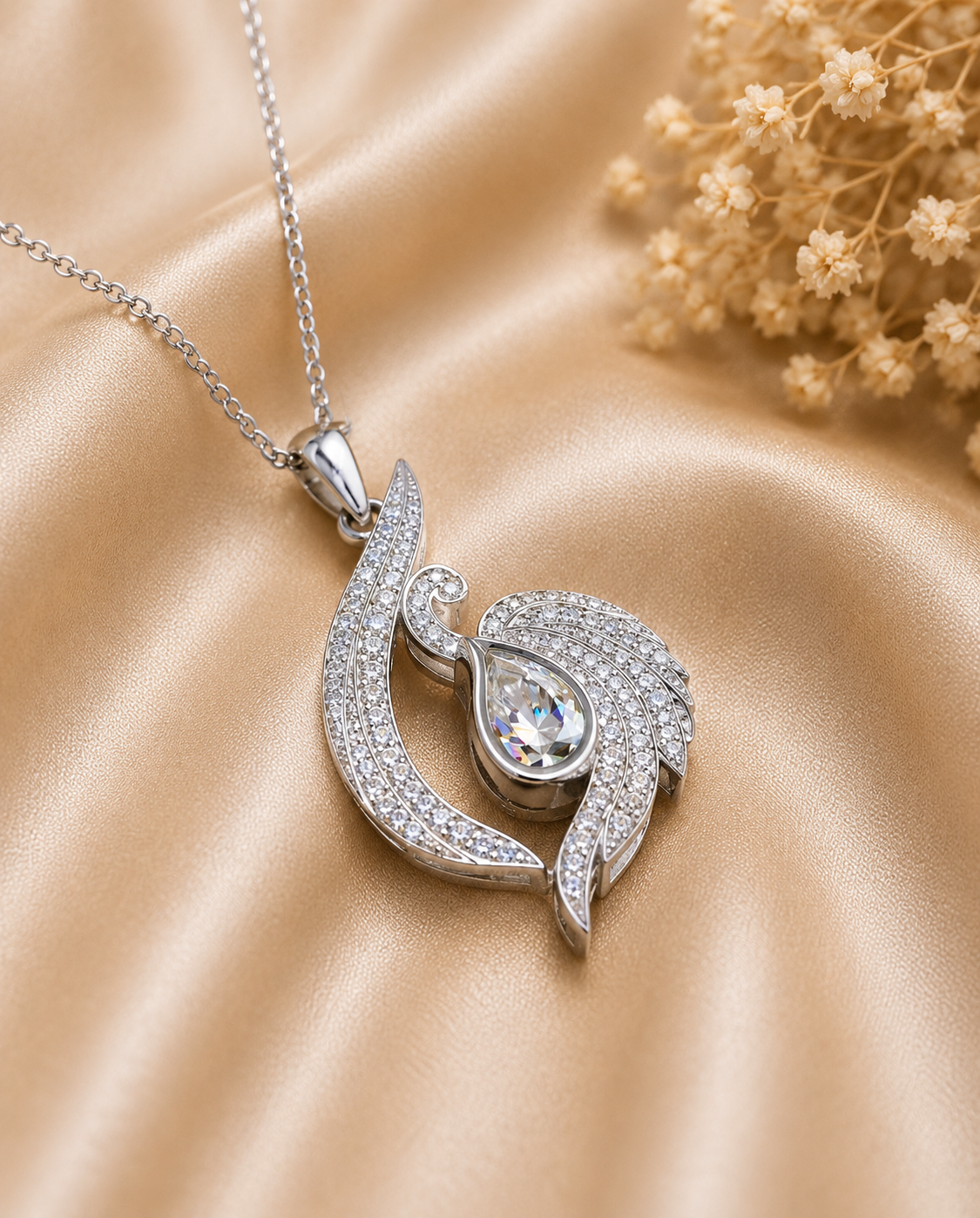 Pear Cut Diamond Swan Pendant Necklace | 18K Yellow Gold Elegant Jewelry