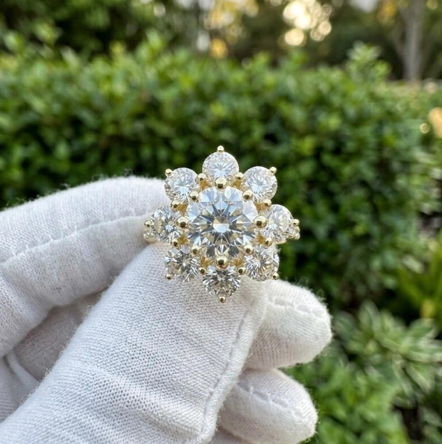 3 CTW Round E VVS2/VS1 Lab Grown Diamond Floral Halo Ring, IGI Certified Diamond Engagement Ring, Flower Cluster Ring, Vintage Bridal Ring