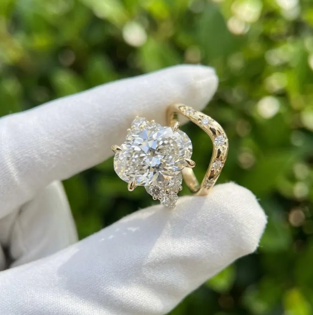 3 CT Oval Cut E VVS2/VS1 Lab Grown Diamond Bridal Set IGI Certified | Pear Side Stone Engagement Ring Set | Unique Two Ring Set