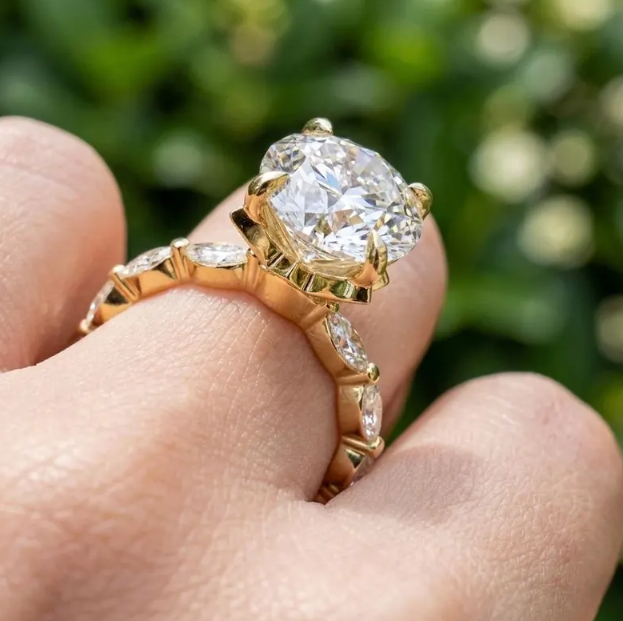3CT 4CT 5CT Round E VVS2/VS1 Lab Grown Diamond Engagement Ring | IGI Certified Solitaire Ring | Marquise Side Diamond Band | Promise Ring