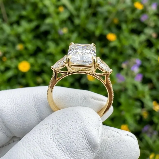3 CT Radiant Cut E VVS2/VS1 Lab Grown Diamond Engagement Ring, IGI Certified Radiant Diamond Ring, Pear Side Stone Ring, Three Stone Ring
