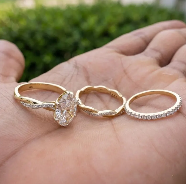 3 Ring Bridal Set with 3 CT Oval E VVS2/VS1 IGI Certified Lab Grown Diamond | Gold Twisted Engagement Ring with Matching Wedding Bands