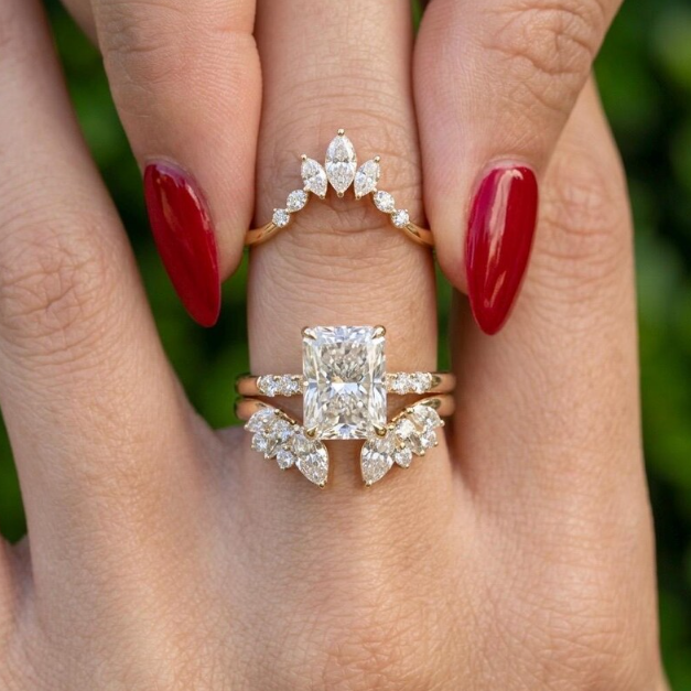 3 Ring Radiant Cut E VVS2/VS1 LabGrown Diamond Bridal Set | IGI Certified 3CT Radiant Engagement Ring Set | Crown Marquise Wedding Band