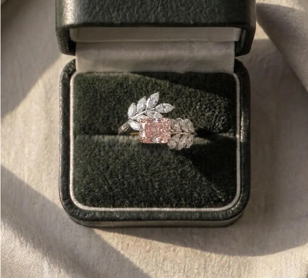 2 CT Radiant Cut Pink Lab Grown Diamond Engagement Ring | IGI Certified | Marquise Leaf Branch Ring | Nature Inspired Toi Et Moi Bypass Ring