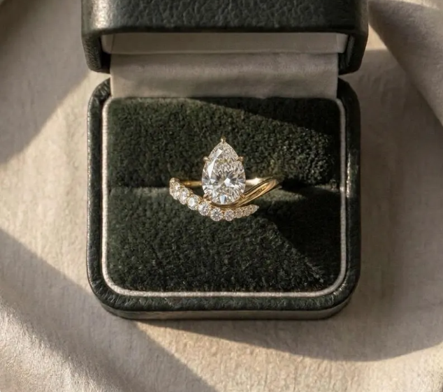 3.00CT Pear Cut E VVS2/VS1 IGI Certified LabGrown Diamond Engagement Ring Set, Bezel Set Pear Shaped Solitaire with Curved Oval Wedding Band