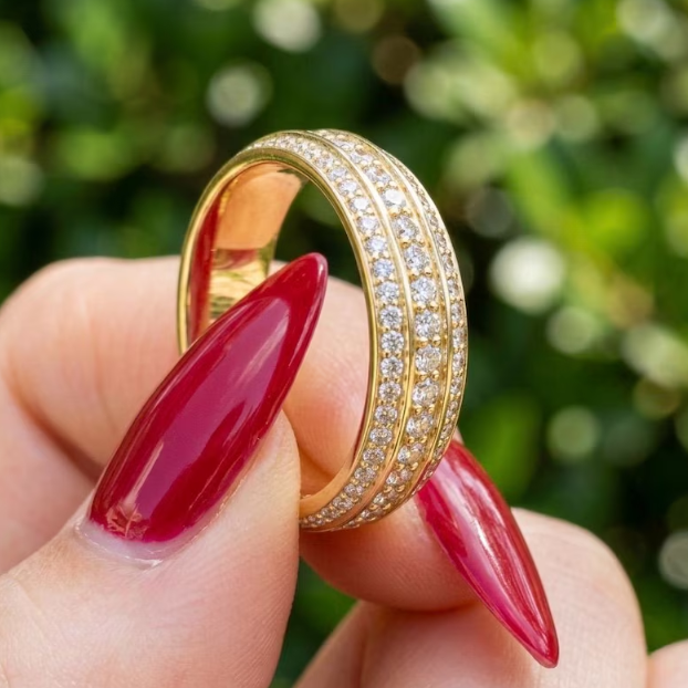 6mm Wide Gold Pave Band, Triple Row Micro Pave Ring, Chunky Labgrown Diamond Wedding Band, Heavy Gold Statement Ring, Gold Multi Row Ring
