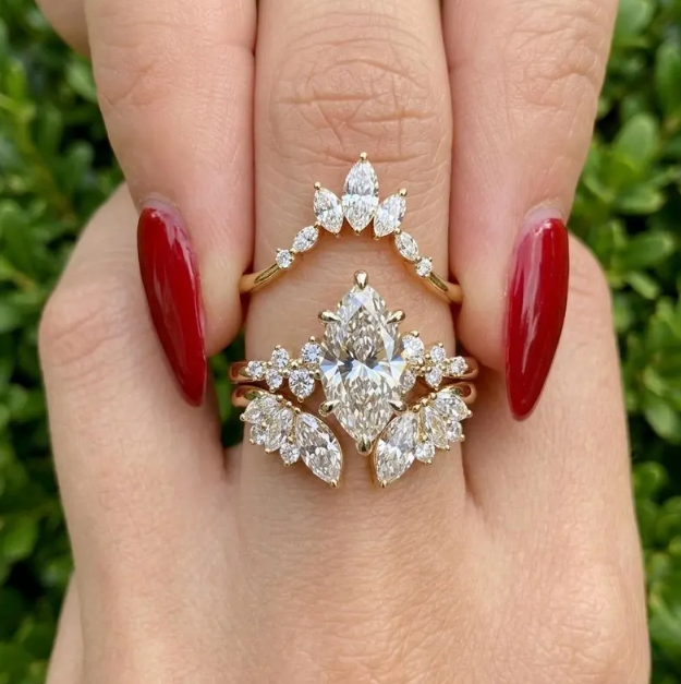 3 Ring E VVS2/VS1 Marquise Diamond Bridal Set | 2CT-3CT-4CT IGI Certified Marquise Lab Grown Diamond Ring Set | Matching Wedding Band Set