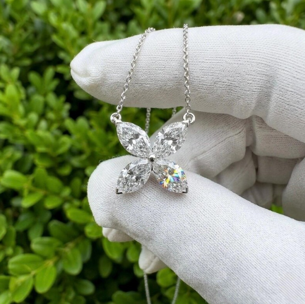 6CTW Lab Grown Diamond E VVS2/VS1 Marquise Flower Pendant Necklace & Stud Earrings Set | 1.5mm Chain | Elegant Floral Diamond Jewelry Set