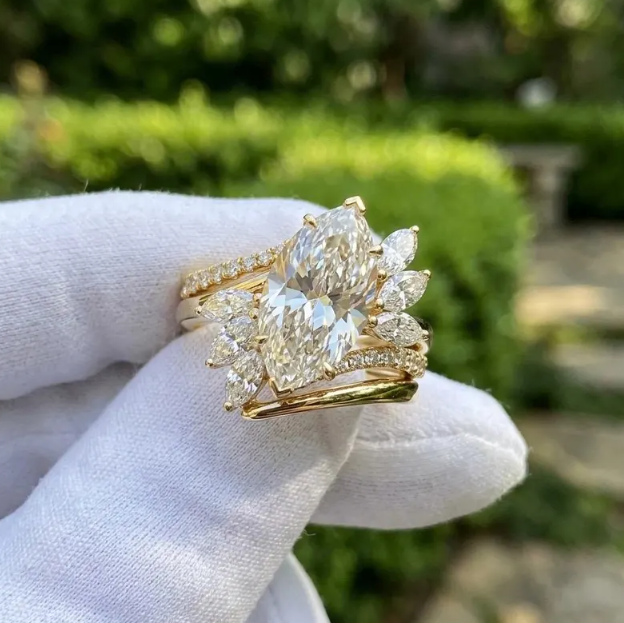 3CT Marquise Cut E VVS2/VS1 Lab Grown Diamond Engagement Ring Set, Asymmetrical Cluster Wedding Band, Gold Unique Bridal Set, IGI Certified