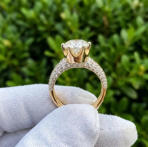 2CT E VVS2/VS1 Round Lab Grown Diamond Engagement Ring | IGI Certified Gold Pave Band | Hidden Halo Diamond Ring | Bridal Ring