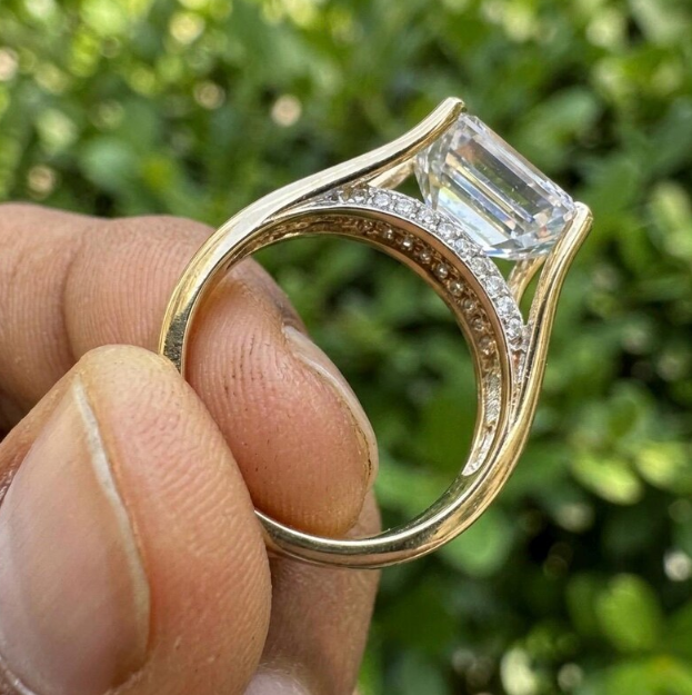 Emerald Cut E VVS2/VS1 Lab Grown Diamond Engagement Ring, 2ct - 4ct IGI Certified Lab Diamond, Floating Solitaire Pave Band