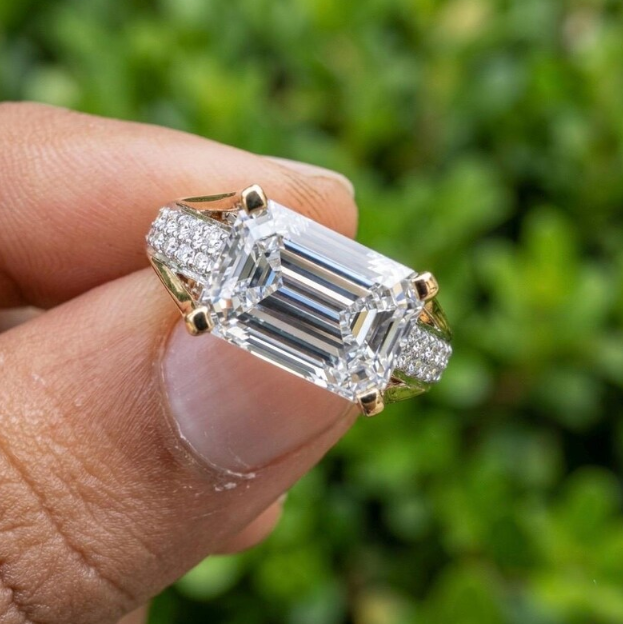 Emerald Cut E VVS2/VS1 Lab Grown Diamond Engagement Ring, 2ct - 4ct IGI Certified Lab Diamond, Floating Solitaire Pave Band