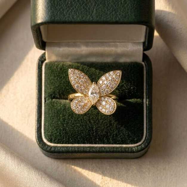 E VVS2 Lab Grown Marquise Diamond Butterfly Ring, Imperial Spark Butterfly Diamond Ring, Unique Nature Inspired Statement Ring