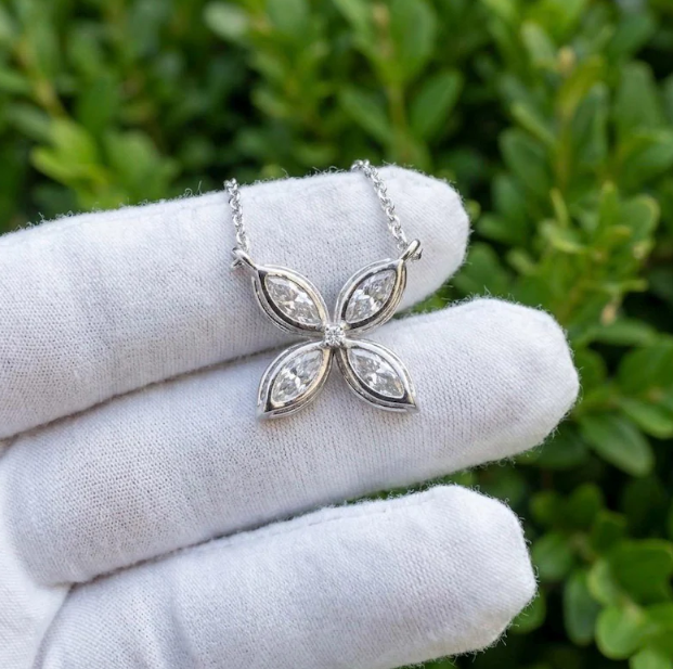 6CTW Lab Grown Diamond E VVS2/VS1 Marquise Flower Pendant Necklace & Stud Earrings Set | 1.5mm Chain | Elegant Floral Diamond Jewelry Set