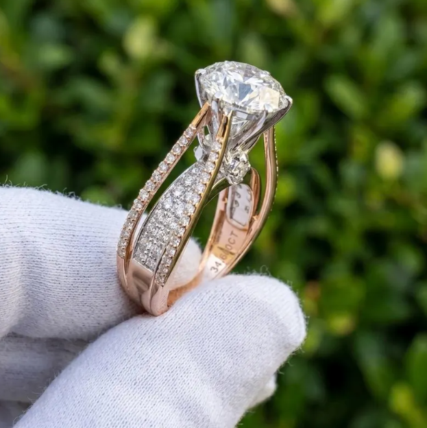 3CT Round E VVS2/VS1 Lab Grown Diamond Engagement Ring, 14K Two Tone Gold Triple Row Split Shank Ring, IGI Certified Diamond Ring