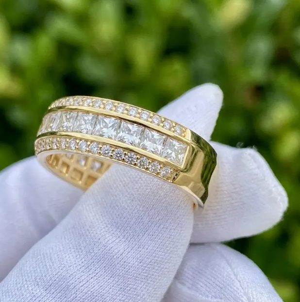 Luxury 7MM width Princess Cut Lab Grown Diamond Eternity Band, 3/4 Triple Row Diamond Wedding Ring, Channel Set Gold Anniversary Band