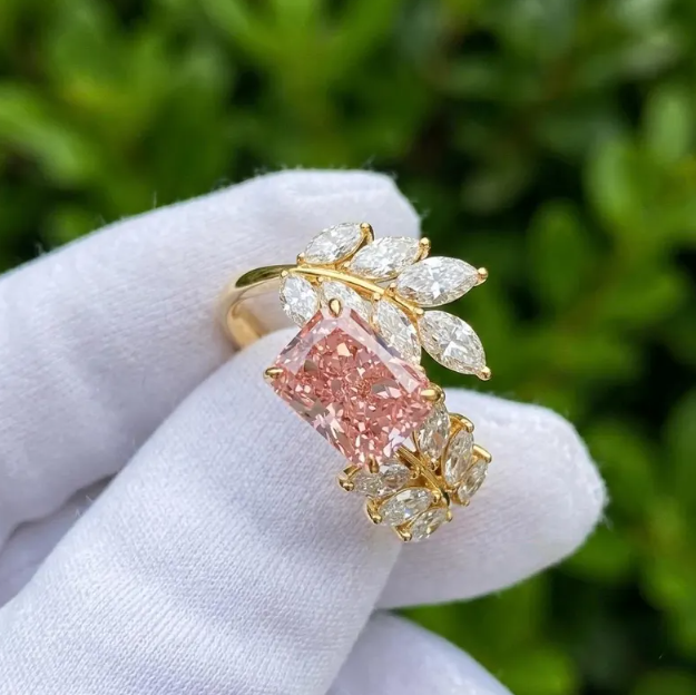 2 CT Radiant Cut Pink Lab Grown Diamond Engagement Ring | IGI Certified | Marquise Leaf Branch Ring | Nature Inspired Toi Et Moi Bypass Ring