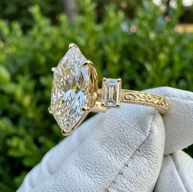 4 CT Dutch Marquise Cut Lab Grown Diamond Ring IGI Certified | Three Stone Engagement Ring with 1.50 CT Lab Grown Emerald Cut Side Diamonds
