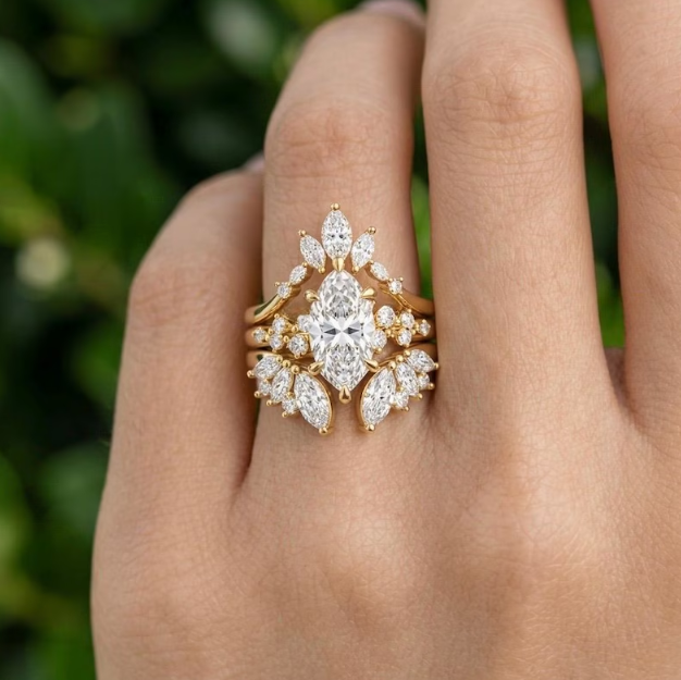 3 Ring E VVS2/VS1 Marquise Diamond Bridal Set | 2CT-3CT-4CT IGI Certified Marquise Lab Grown Diamond Ring Set | Matching Wedding Band Set