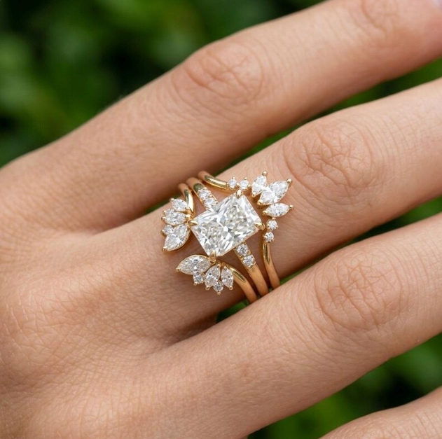 3 Ring Radiant Cut E VVS2/VS1 LabGrown Diamond Bridal Set | IGI Certified 3CT Radiant Engagement Ring Set | Crown Marquise Wedding Band