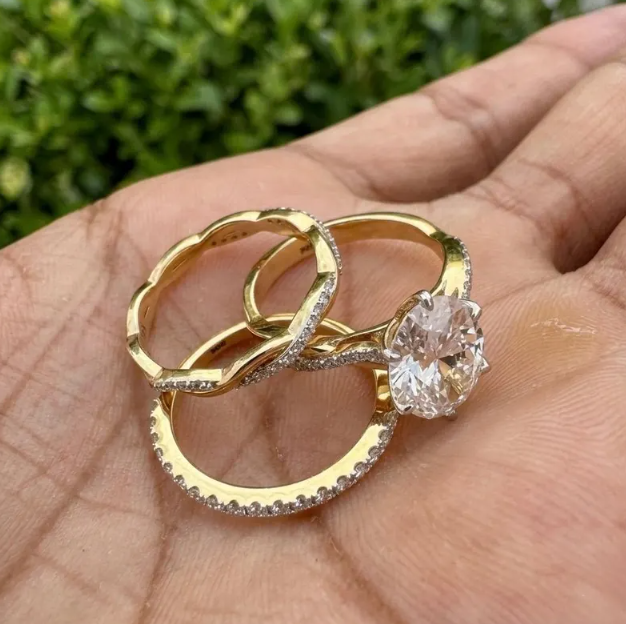 3 Ring Bridal Set with 3 CT Oval E VVS2/VS1 IGI Certified Lab Grown Diamond | Gold Twisted Engagement Ring with Matching Wedding Bands