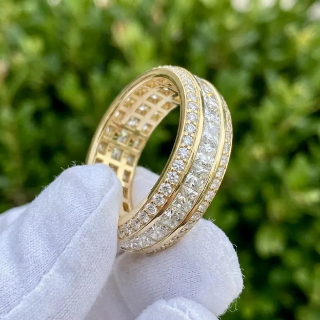 Luxury 7MM width Princess Cut Lab Grown Diamond Eternity Band, 3/4 Triple Row Diamond Wedding Ring, Channel Set Gold Anniversary Band