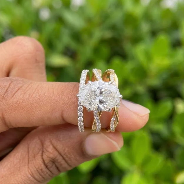 3 Ring Bridal Set with 3 CT Oval E VVS2/VS1 IGI Certified Lab Grown Diamond | Gold Twisted Engagement Ring with Matching Wedding Bands