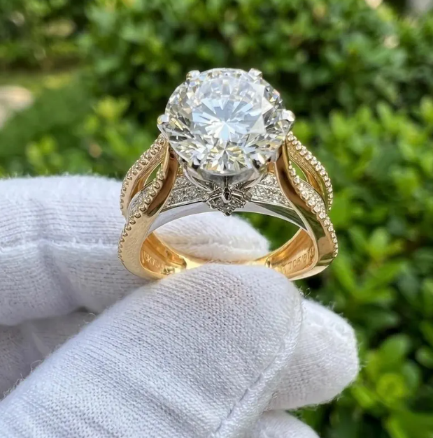 3CT Round E VVS2/VS1 Lab Grown Diamond Engagement Ring, 14K Two Tone Gold Triple Row Split Shank Ring, IGI Certified Diamond Ring