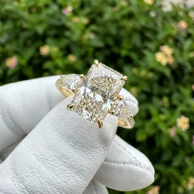 3 CT Radiant Cut E VVS2/VS1 Lab Grown Diamond Engagement Ring, IGI Certified Radiant Diamond Ring, Pear Side Stone Ring, Three Stone Ring