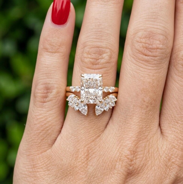3 Ring Radiant Cut E VVS2/VS1 LabGrown Diamond Bridal Set | IGI Certified 3CT Radiant Engagement Ring Set | Crown Marquise Wedding Band