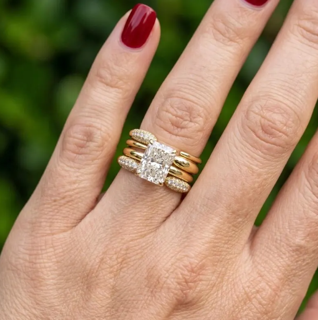3 CT Radiant Cut E VVS2/VS1 IGI Certified Lab Grown Diamond Ring Set | 4 Piece Matching Wedding Band Set | Gold Bridal Stackable Ring Set