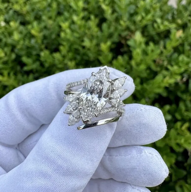 3CT Marquise Cut E VVS2/VS1 Lab Grown Diamond Engagement Ring Set, Asymmetrical Cluster Wedding Band, Gold Unique Bridal Set, IGI Certified