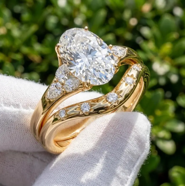 3 CT Oval Cut E VVS2/VS1 Lab Grown Diamond Bridal Set IGI Certified | Pear Side Stone Engagement Ring Set | Unique Two Ring Set