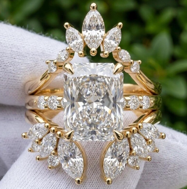 3 Ring Radiant Cut E VVS2/VS1 LabGrown Diamond Bridal Set | IGI Certified 3CT Radiant Engagement Ring Set | Crown Marquise Wedding Band
