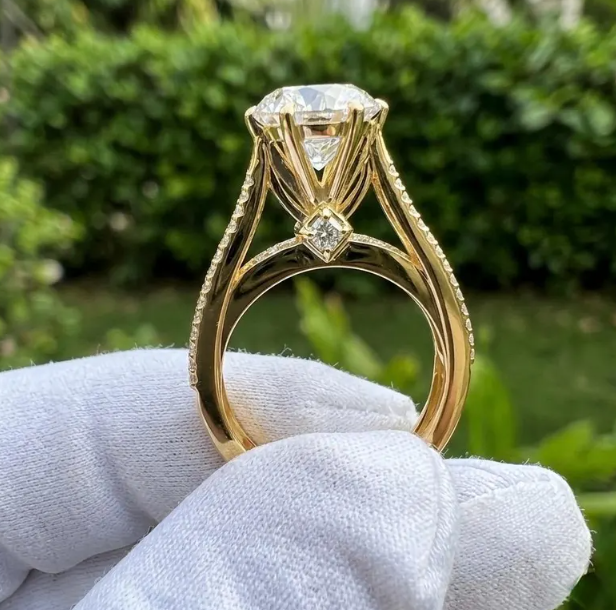 3CT Round E VVS2/VS1 Lab Grown Diamond Engagement Ring, 14K Two Tone Gold Triple Row Split Shank Ring, IGI Certified Diamond Ring