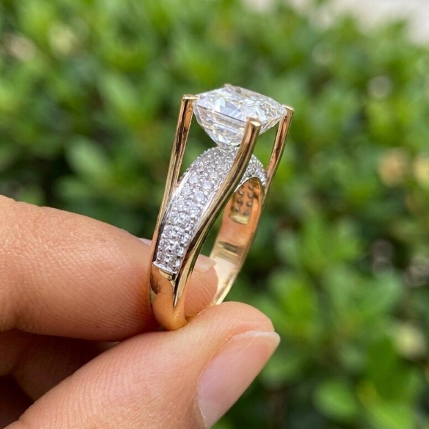 Emerald Cut E VVS2/VS1 Lab Grown Diamond Engagement Ring, 2ct - 4ct IGI Certified Lab Diamond, Floating Solitaire Pave Band
