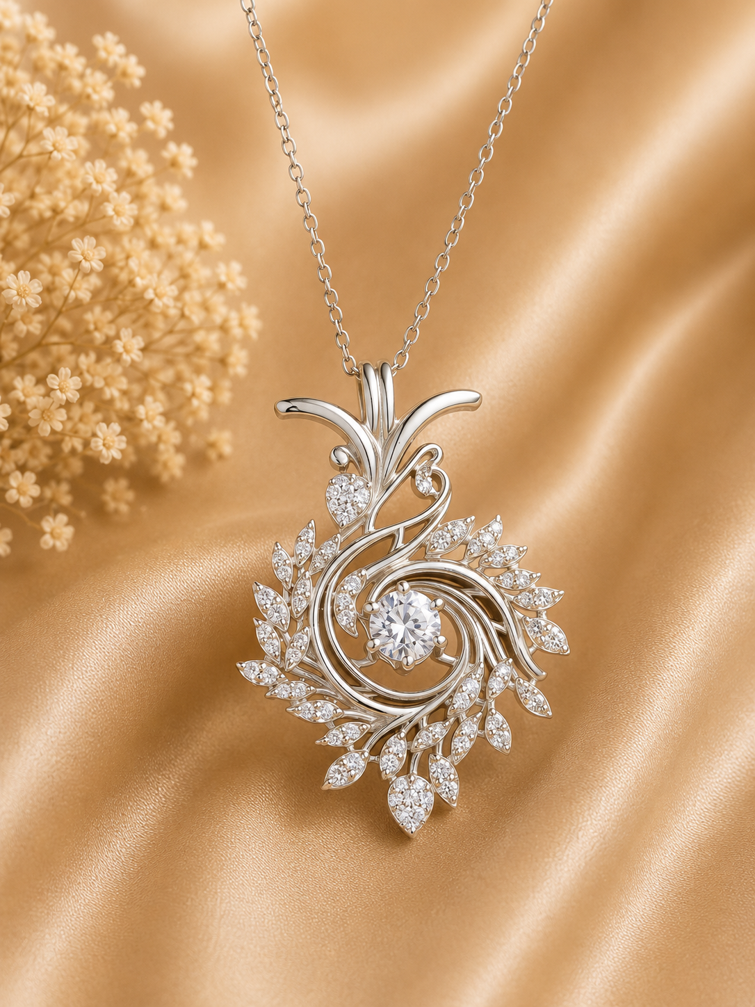 Round Diamond Pendant Necklace | 18K Yellow Gold Leaf Design, Nature Inspired Fine Jewelry