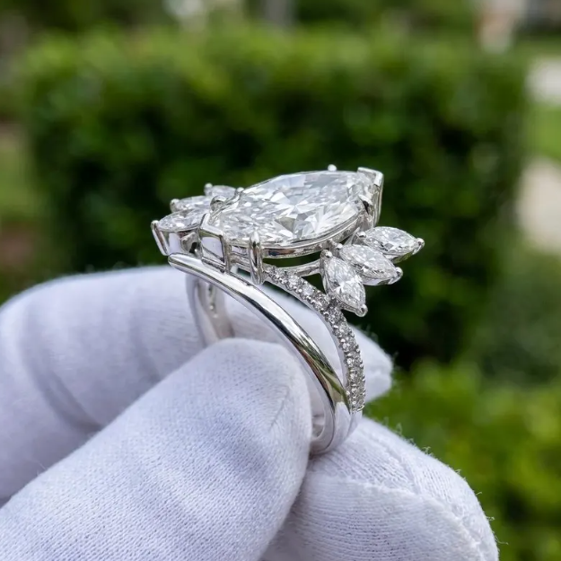 3CT Marquise Cut E VVS2/VS1 Lab Grown Diamond Engagement Ring Set, Asymmetrical Cluster Wedding Band, Gold Unique Bridal Set, IGI Certified