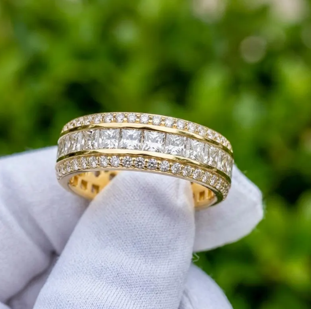 Luxury 7MM width Princess Cut Lab Grown Diamond Eternity Band, 3/4 Triple Row Diamond Wedding Ring, Channel Set Gold Anniversary Band