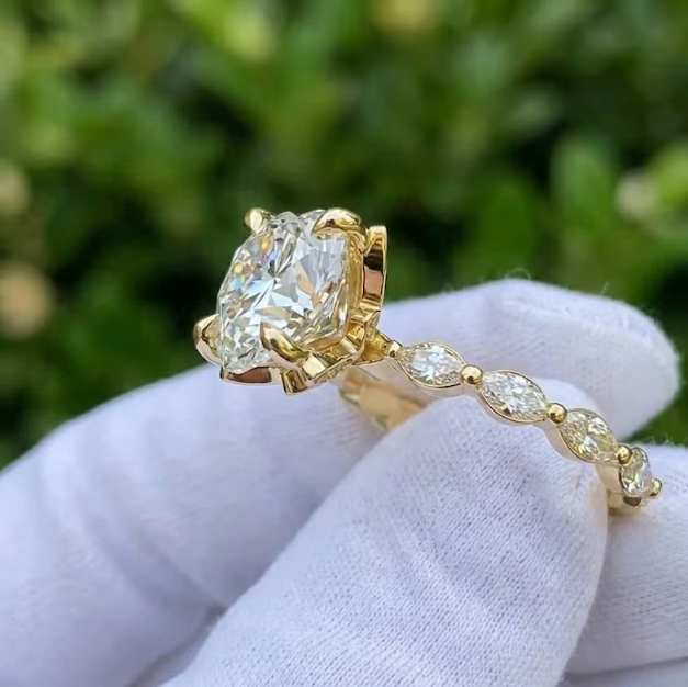 3CT 4CT 5CT Round E VVS2/VS1 Lab Grown Diamond Engagement Ring | IGI Certified Solitaire Ring | Marquise Side Diamond Band | Promise Ring