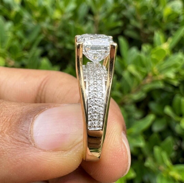 Emerald Cut E VVS2/VS1 Lab Grown Diamond Engagement Ring, 2ct - 4ct IGI Certified Lab Diamond, Floating Solitaire Pave Band