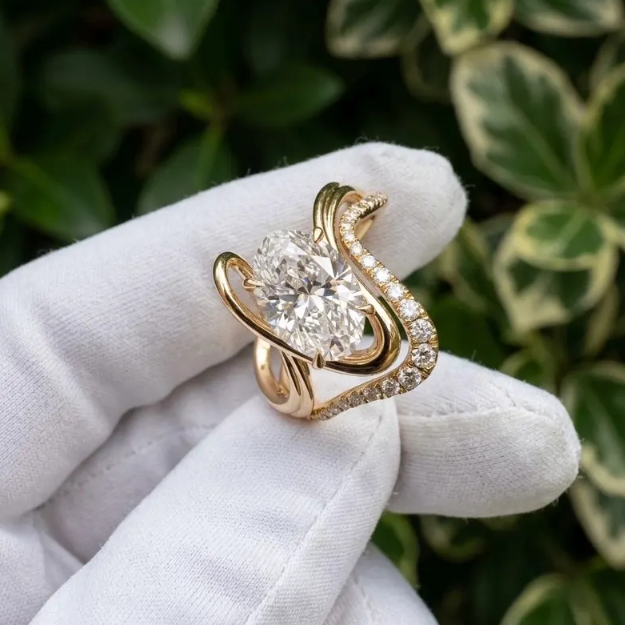  3CT Oval Cut E VVS2 / VS1 IGI Certified Lab Grown Diamond Bridal Set | Curved Matching Wedding Band Set | Gold Unique Engagement Ring